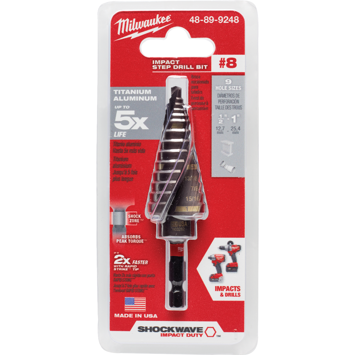 Milwaukee Shockwave Impact Duty 1/2 In. - 1 In. #8 Step Drill Bit, 9 Steps