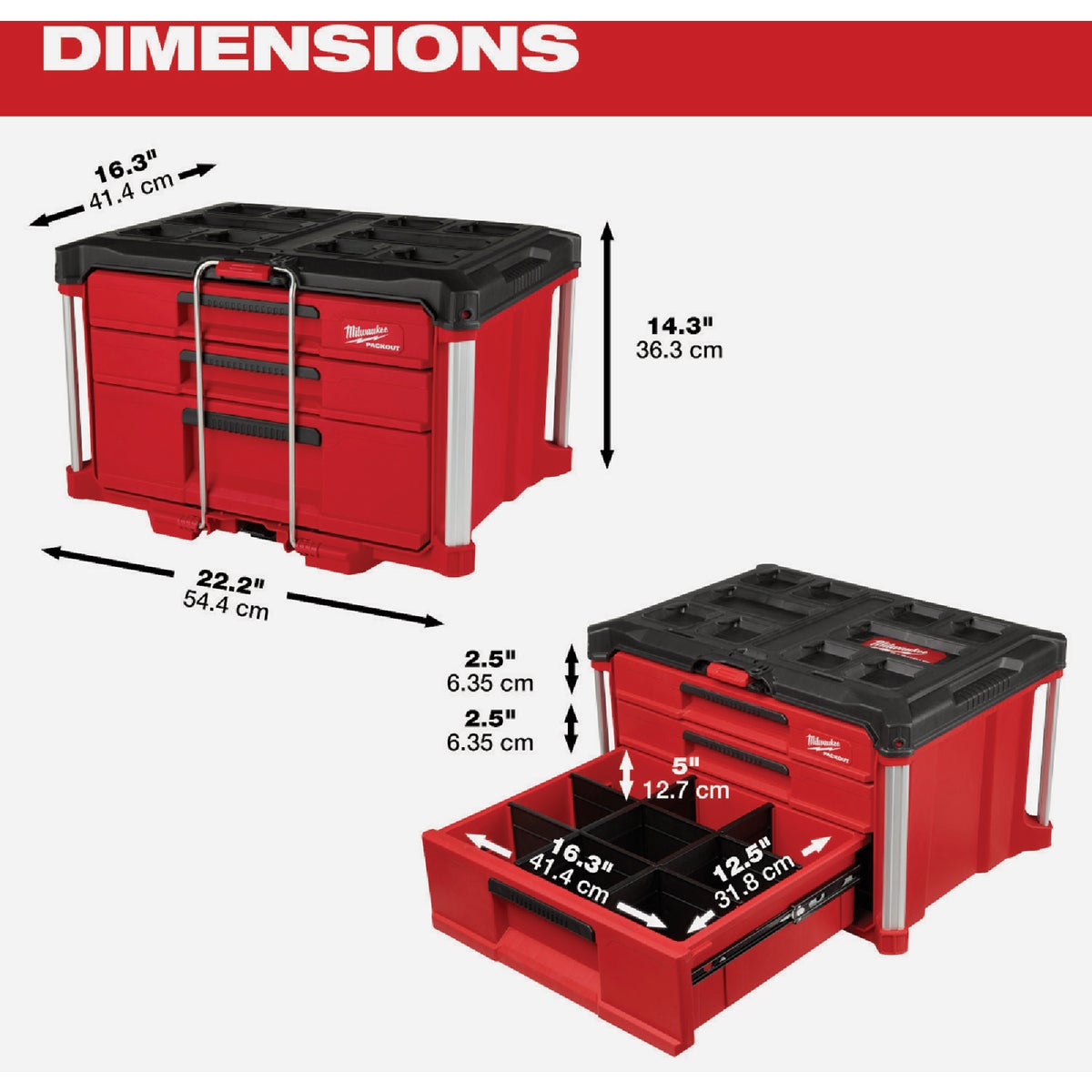 Milwaukee PACKOUT Multi-Depth 3-Drawer Tool Box, 50 Lb. Capacity Image 4