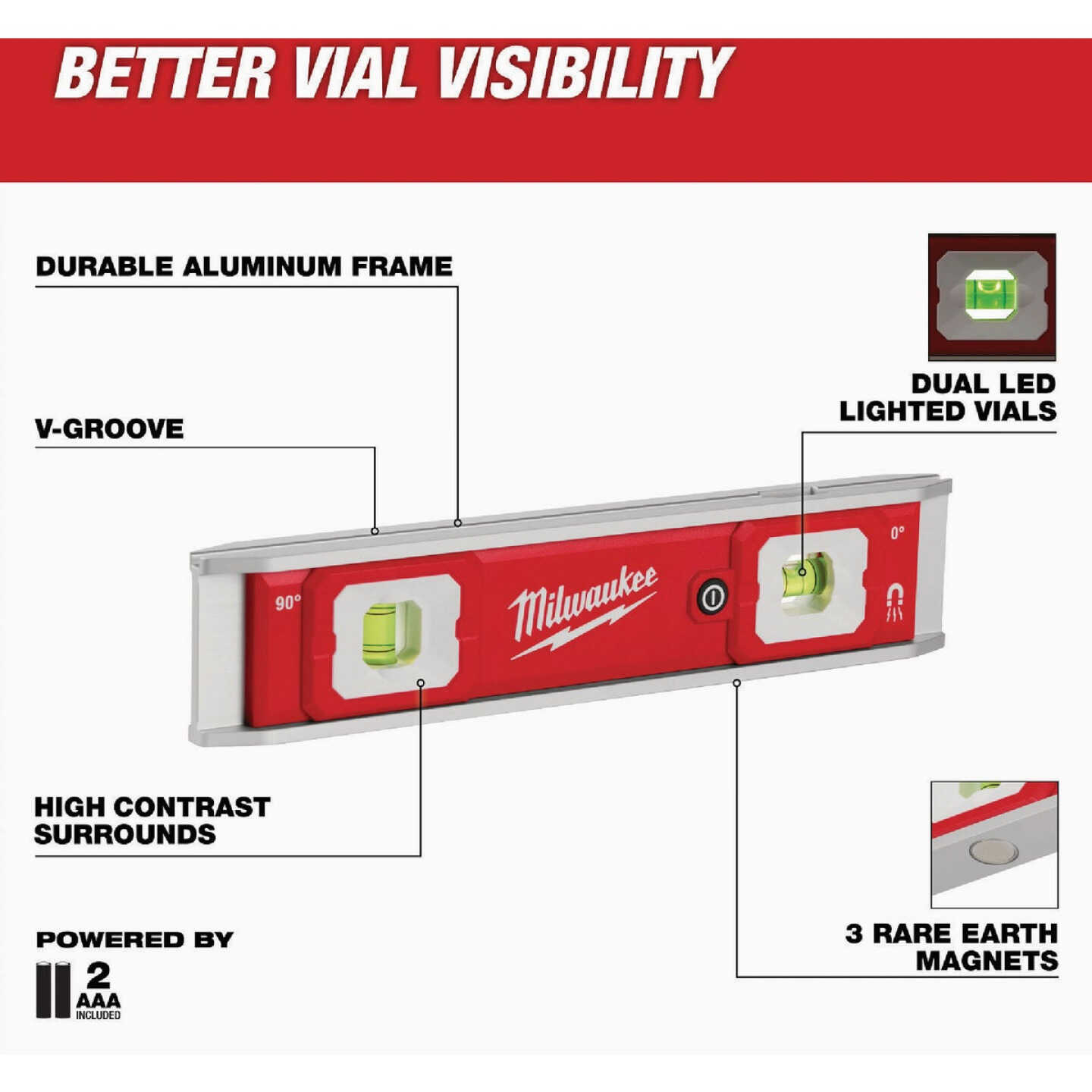 Milwaukee 9 In. Torpedo Level with Lighted Vials Image 2