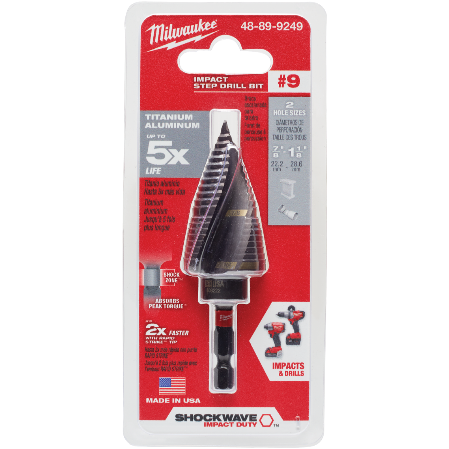 Milwaukee Shockwave Impact Duty 7/8 In. - 1-1/8 In. #9 Step Drill Bit, 2 Steps Image 1