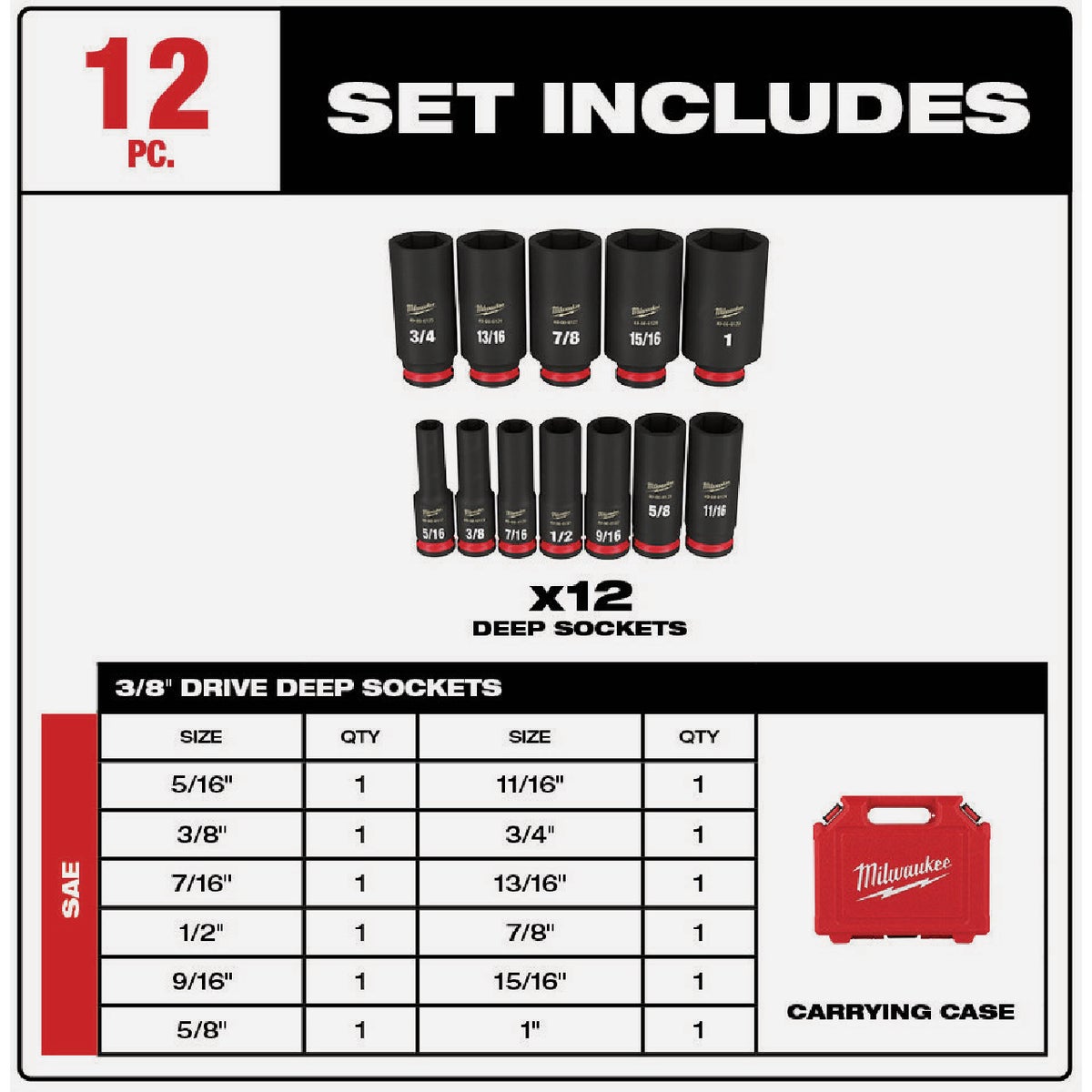 Milwaukee SHOCKWAVE Standard 3/8 In. Drive 6-Point Deep Impact Driver Set (12-Piece) Image 2