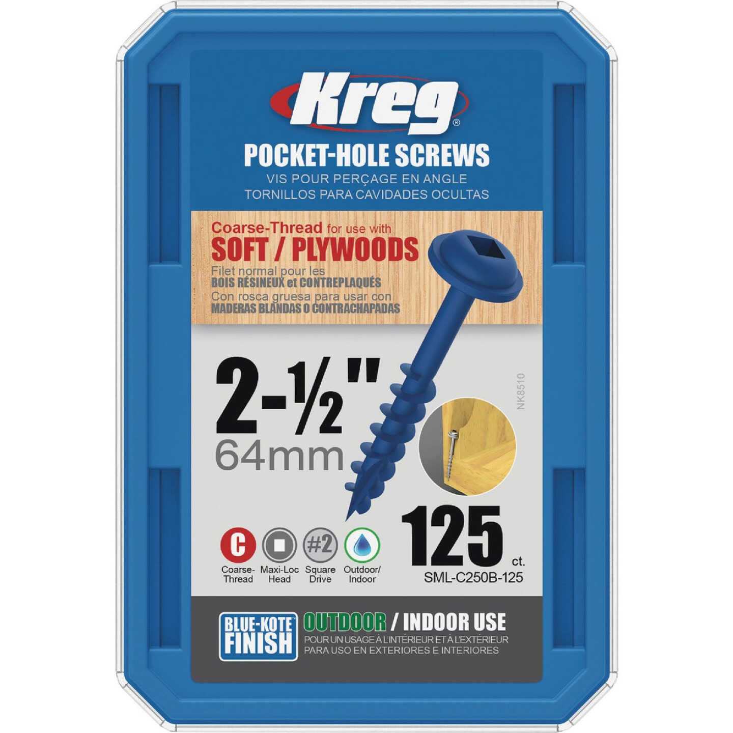 Kreg Blue-Kote #8 x 2-1/2 In. Square Coarse Thread Maxi-Loc Head Pocket-Hole Screw (125 Ct.) Image 5