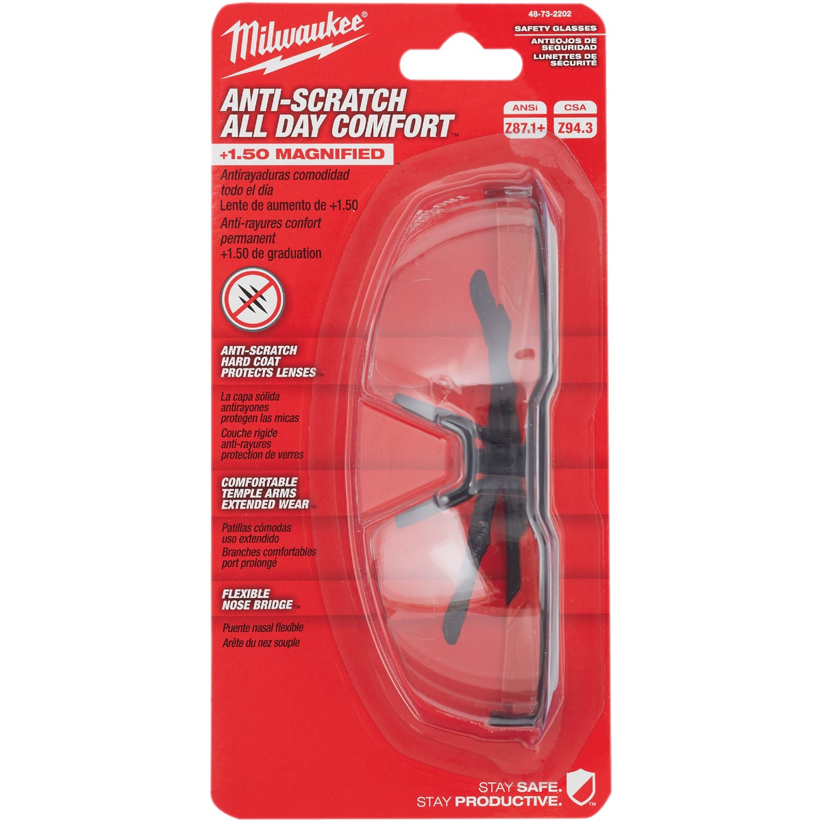 Milwaukee Red & Black Frame Safety Glasses with +1.50 Magnified Clear Anti-Scratch Lenses Image 2