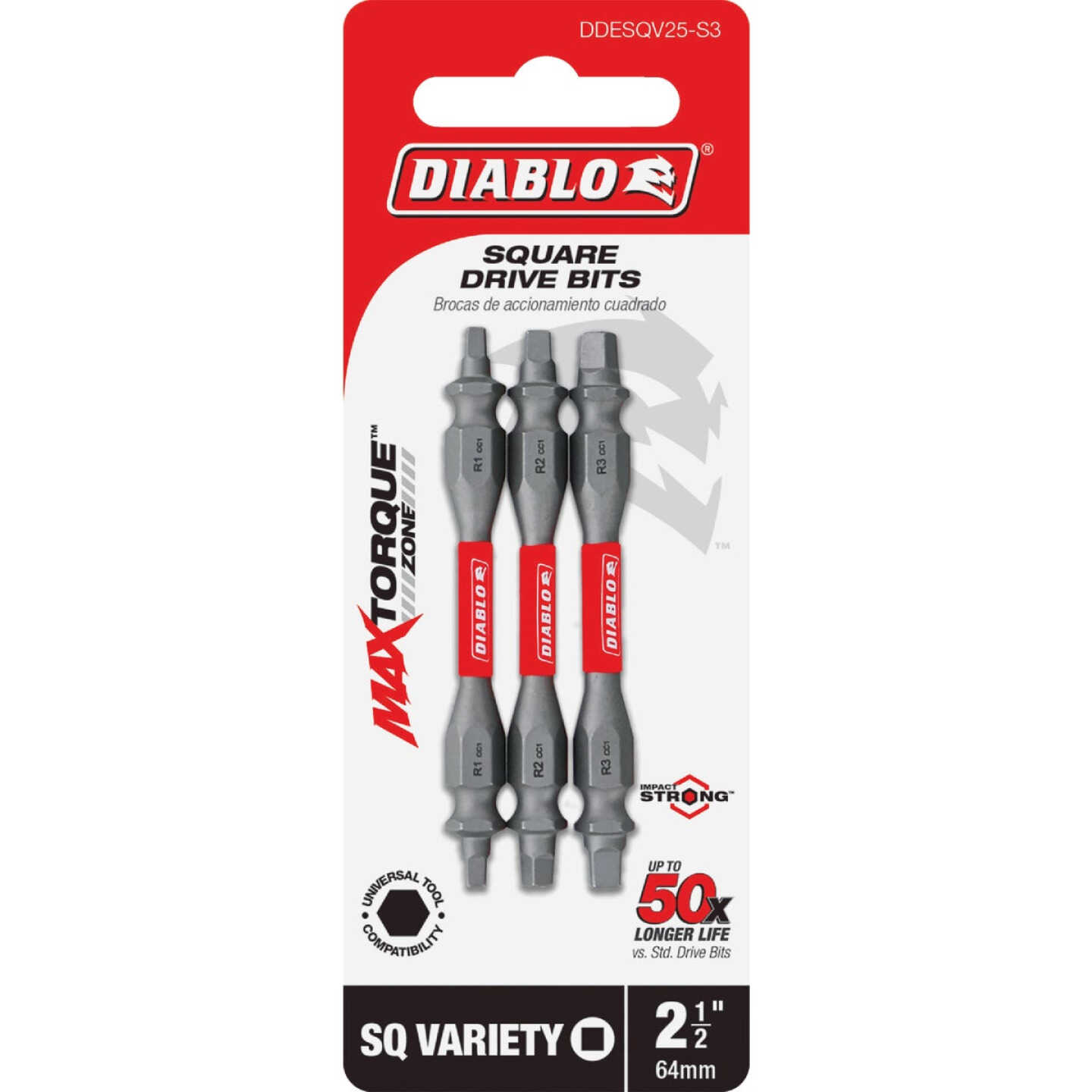 Diablo 3-Piece Square Recess 2-1/2 In. Power Double-End Screwdriver Bit Set Image 1