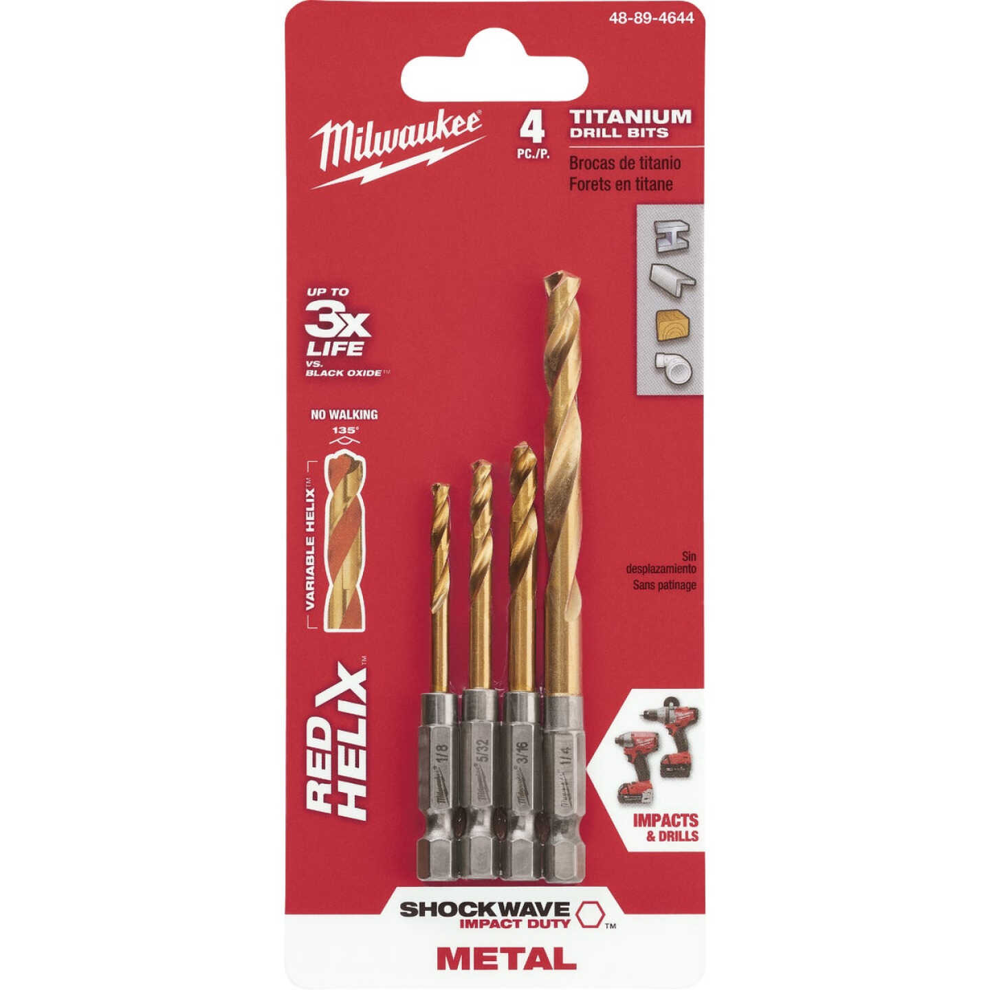 Milwaukee SHOCKWAVE 4-Piece Impact Duty Titanium Hex Shank Drill Bit Set, 1/8 In. thru 1/4 In. Image 1
