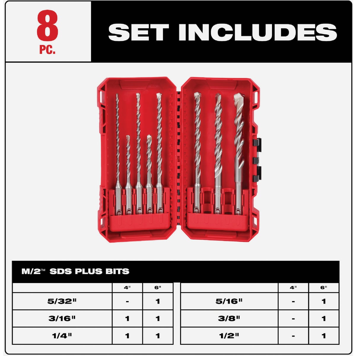 Milwaukee 8-Piece SDS Plus M/2 2-Cutter Drill Bit Kit Image 2