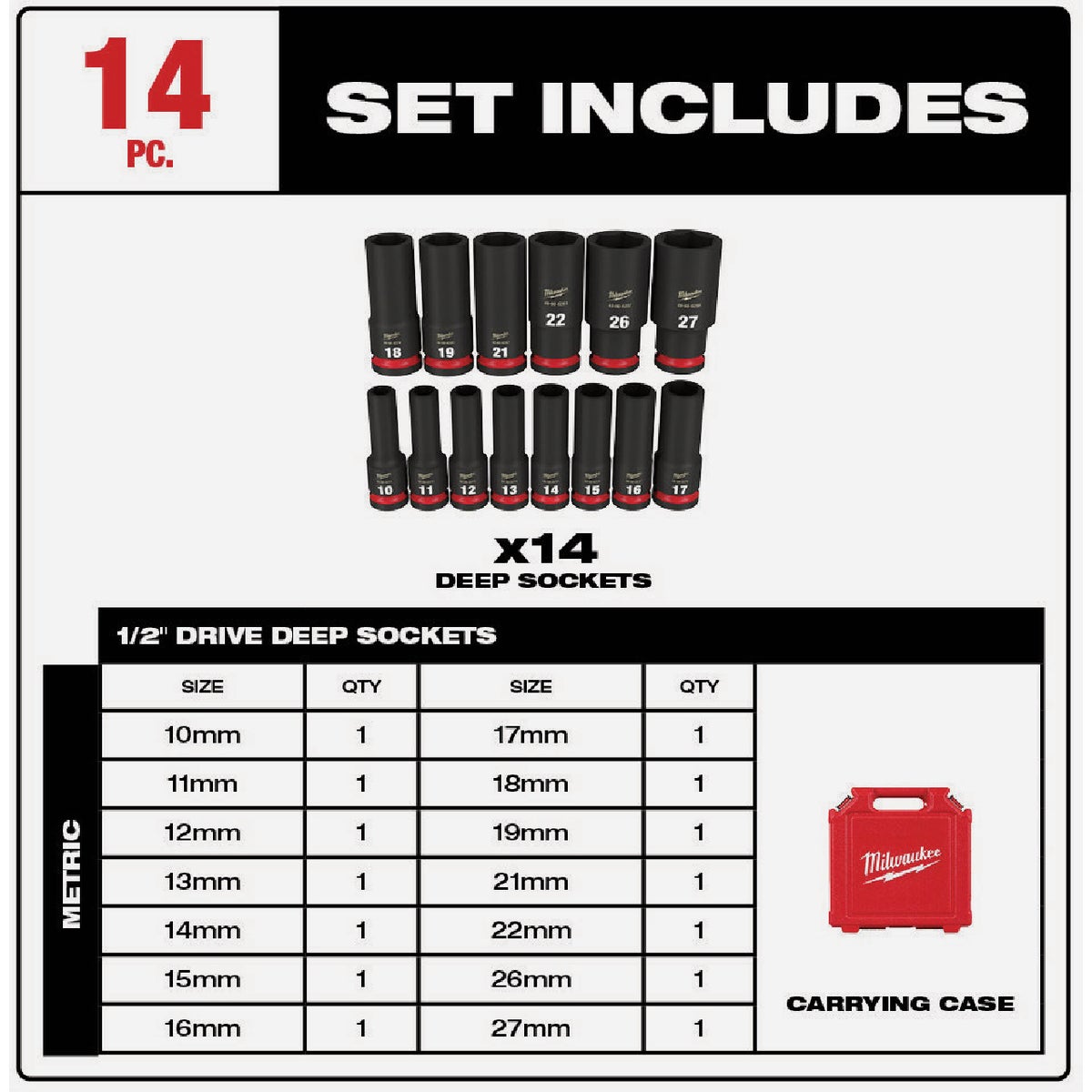 Milwaukee SHOCKWAVE Metric 1/2 In. Drive 6-Point Deep Impact Driver Set (14-Piece) Image 2