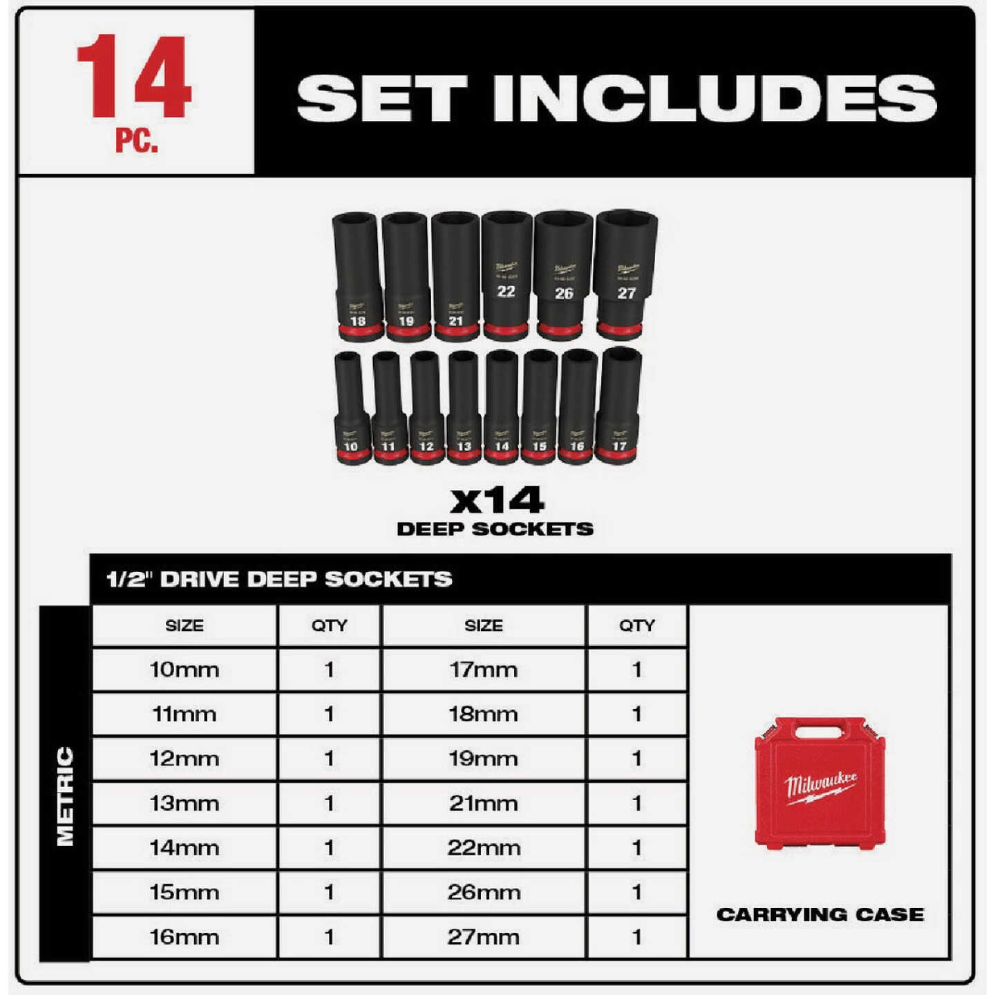 Milwaukee SHOCKWAVE Metric 1/2 In. Drive 6-Point Deep Impact Driver Set (14-Piece) Image 2