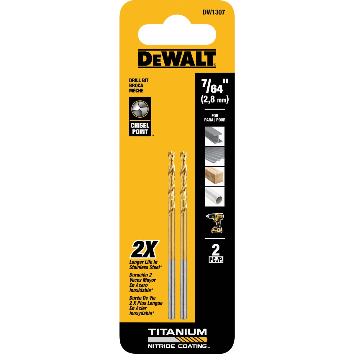 Dewalt 7/64 In. Titanium Nitride Coated HSS Jobber Length Twist Drill Bit (2-Pack) Image 1