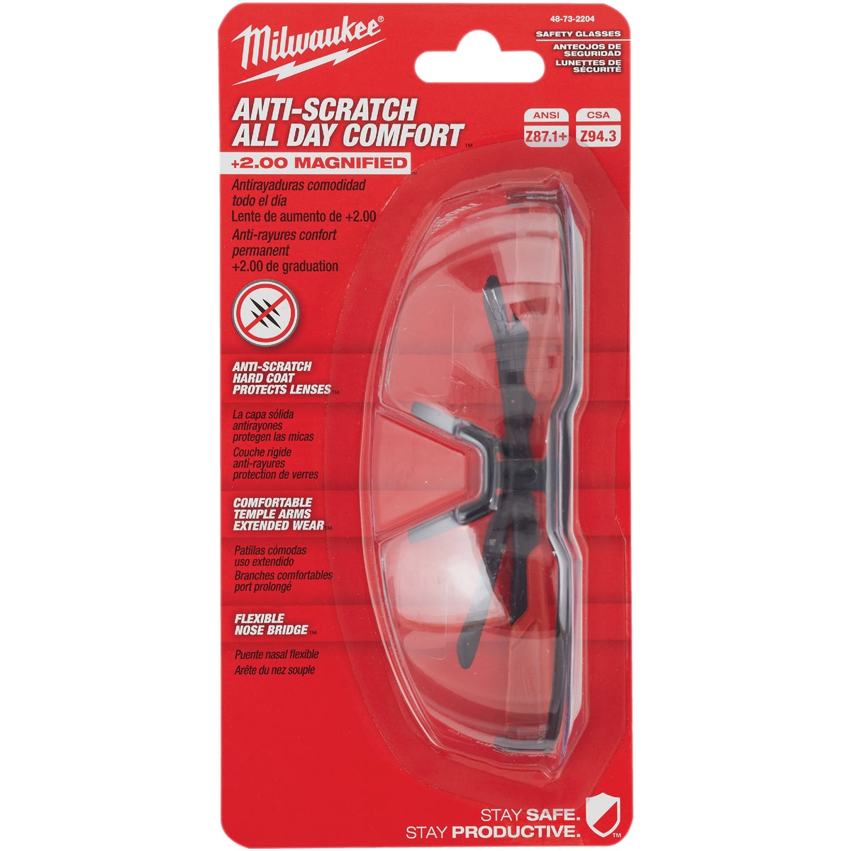 Milwaukee Red & Black Frame Safety Glasses with +2.00 Magnified Clear Anti-Scratch Lenses Image 2