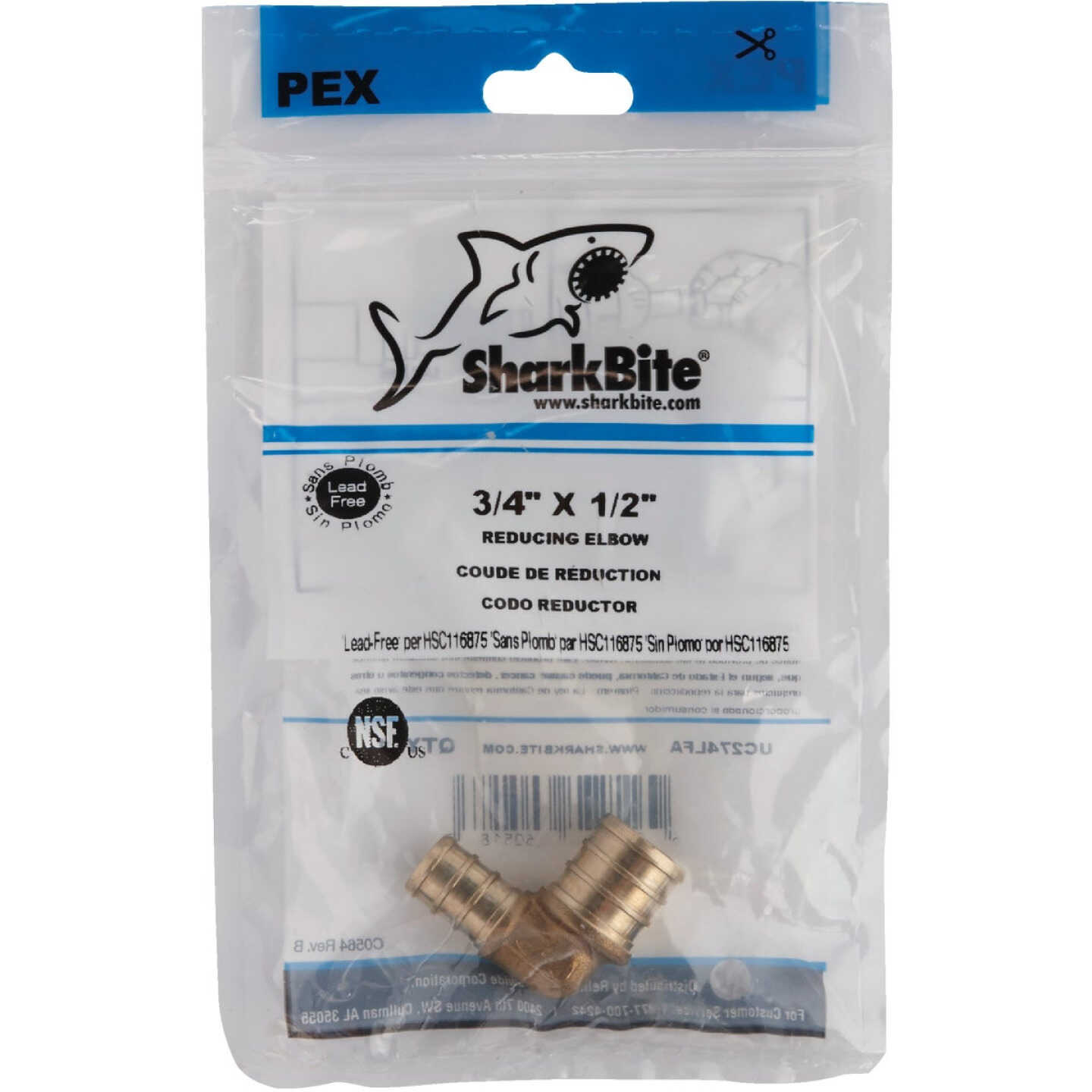 SharkBite 1/2 In. x 3/4 In. Barb 90 Deg. Brass Reducing PEX Elbow (1/4 Bend) Image 2