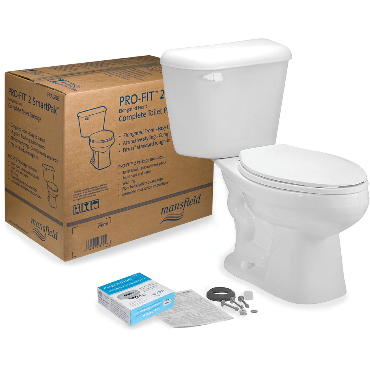 Mansfield Pro-Fit 2-128 White Elongated Bowl 1.28 GPF Complete Toilet