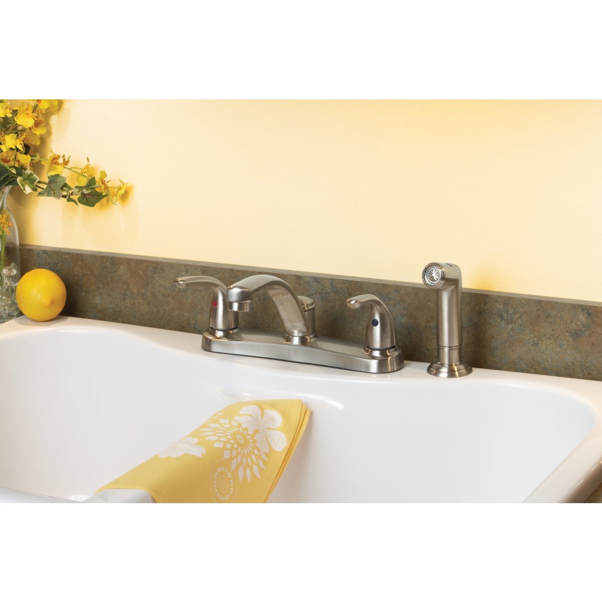 Home Impressions 2-Handle Metal Lever Kitchen Faucet with Side Spray, Brushed Nickel Image 2