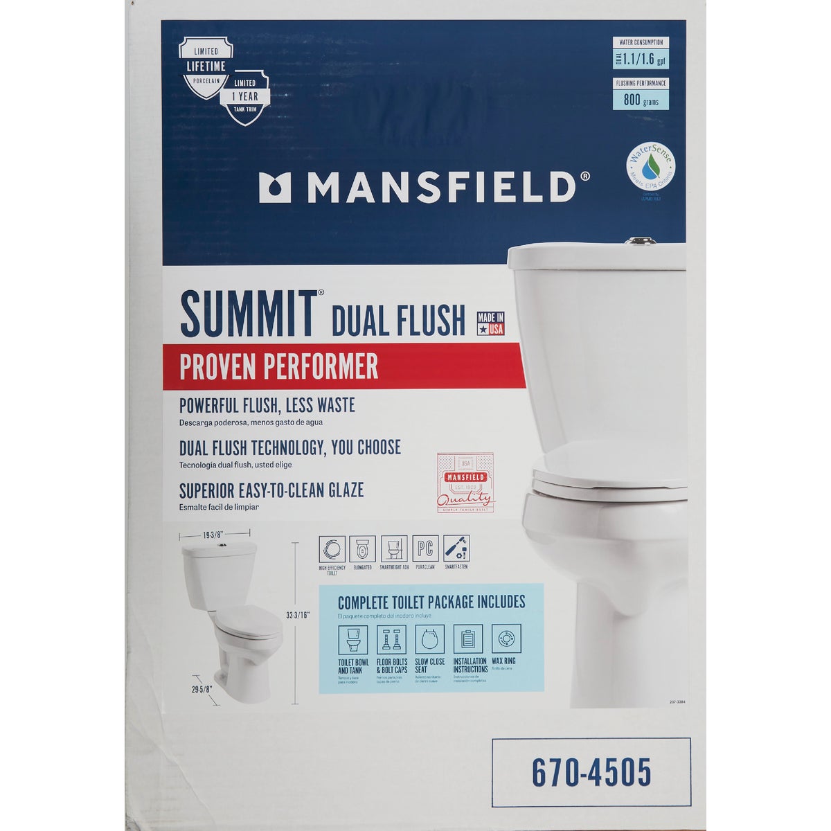 Mansfield Summit SmartHeight White Elongated Bowl 1.28 GPF Complete Toilet Image 2
