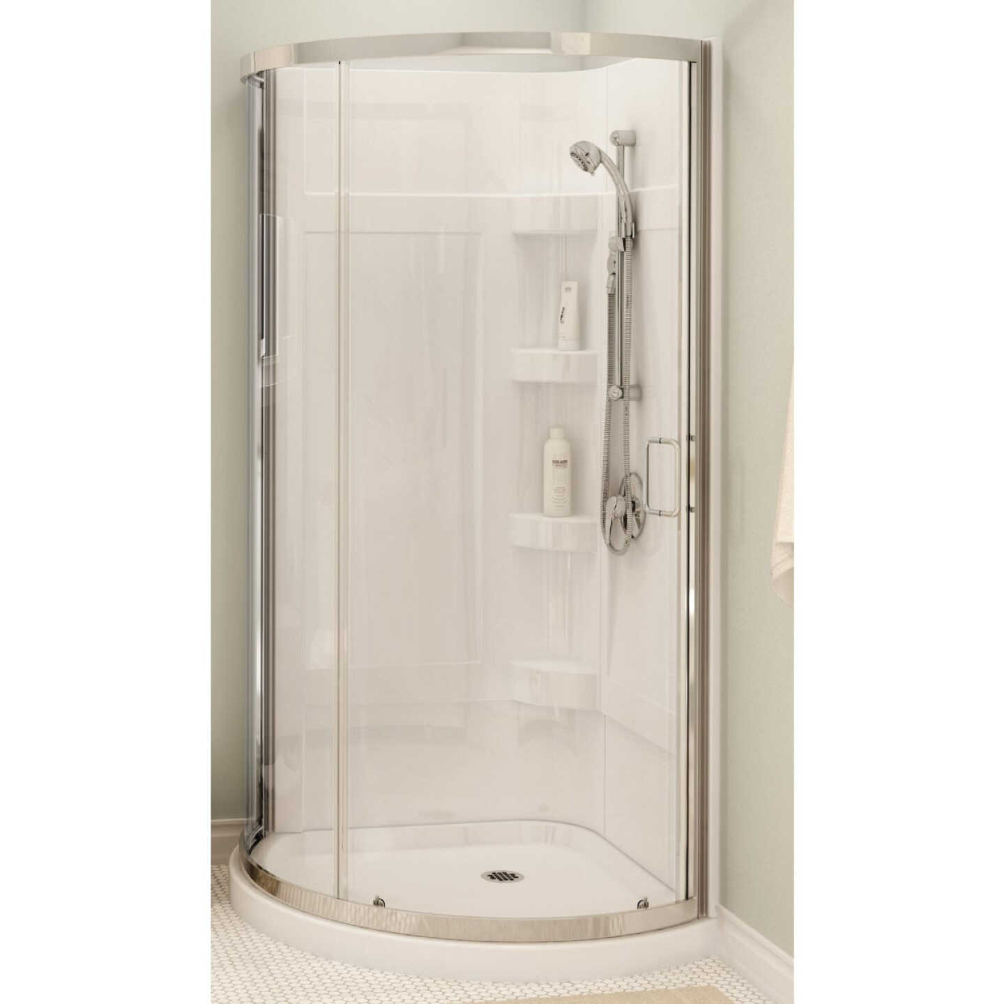 Maax Cyrene 34 In. L x 34 In. D x 76-1/8 In. H. Center Drain Corner Shower Kit in White with Frameless Sliding Door in Chrome Image 1