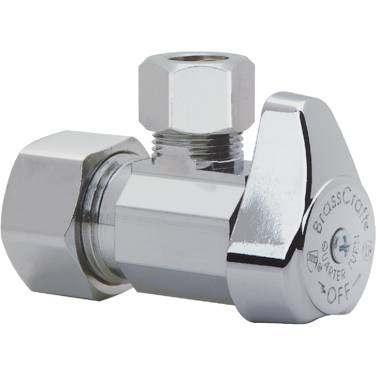 BrassCraft 1/2 In. Nom Comp x 3/8 In. OD Comp Chrome-Plated Brass 1/4-Turn Shut-Off Angle Valve Image 1