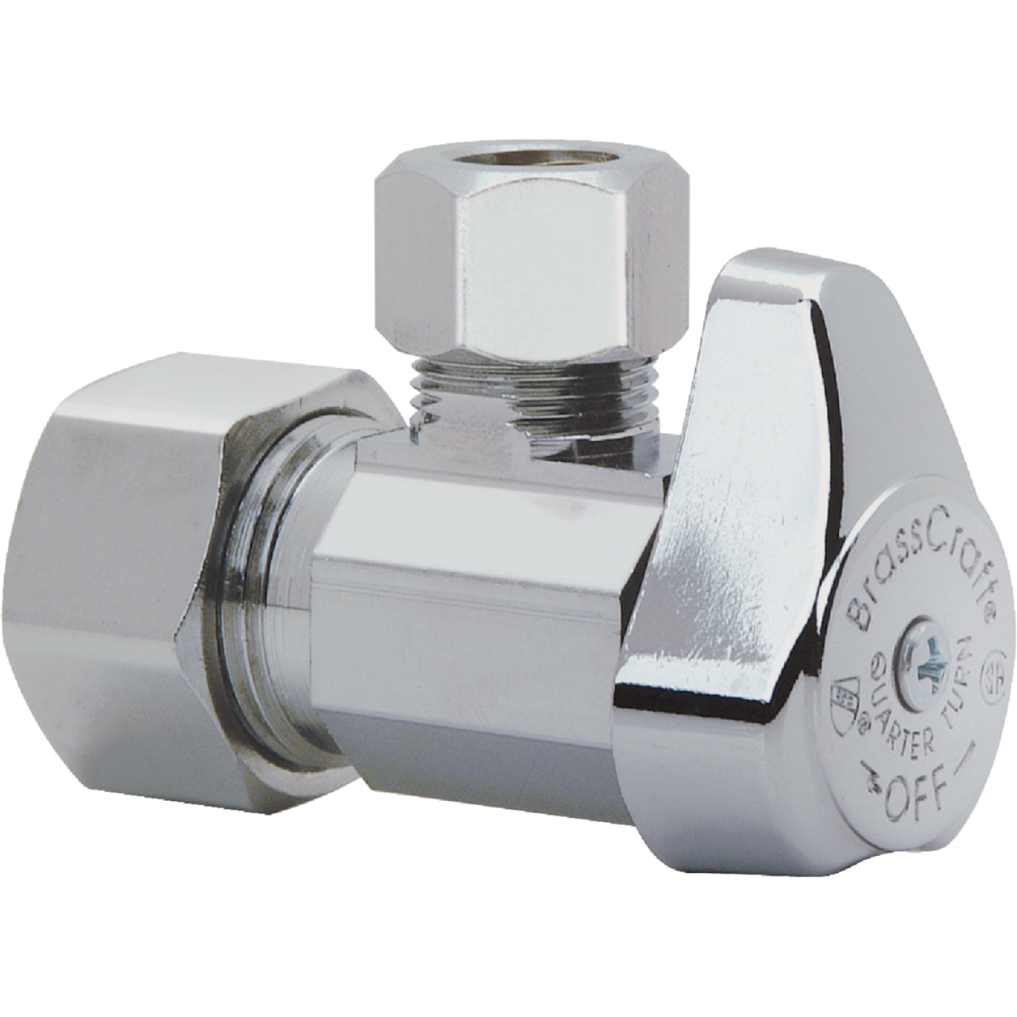 BrassCraft 1/2 In. Nom Comp x 3/8 In. OD Comp Chrome-Plated Brass 1/4-Turn Shut-Off Angle Valve Image 1