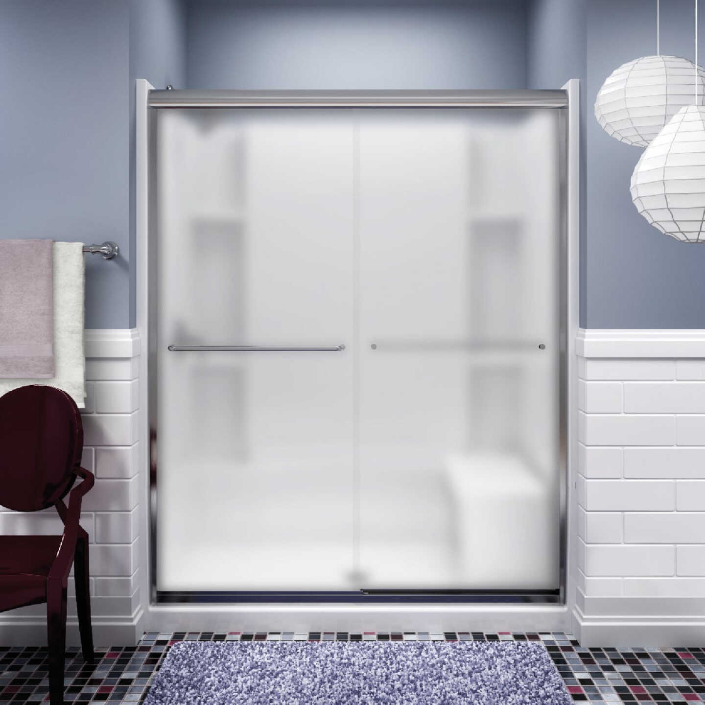 Sterling Finesse 59-5/8 In. W. X 70-1/16 In. H. Chrome Frameless Frosted Glass Sliding Shower Door Image 1