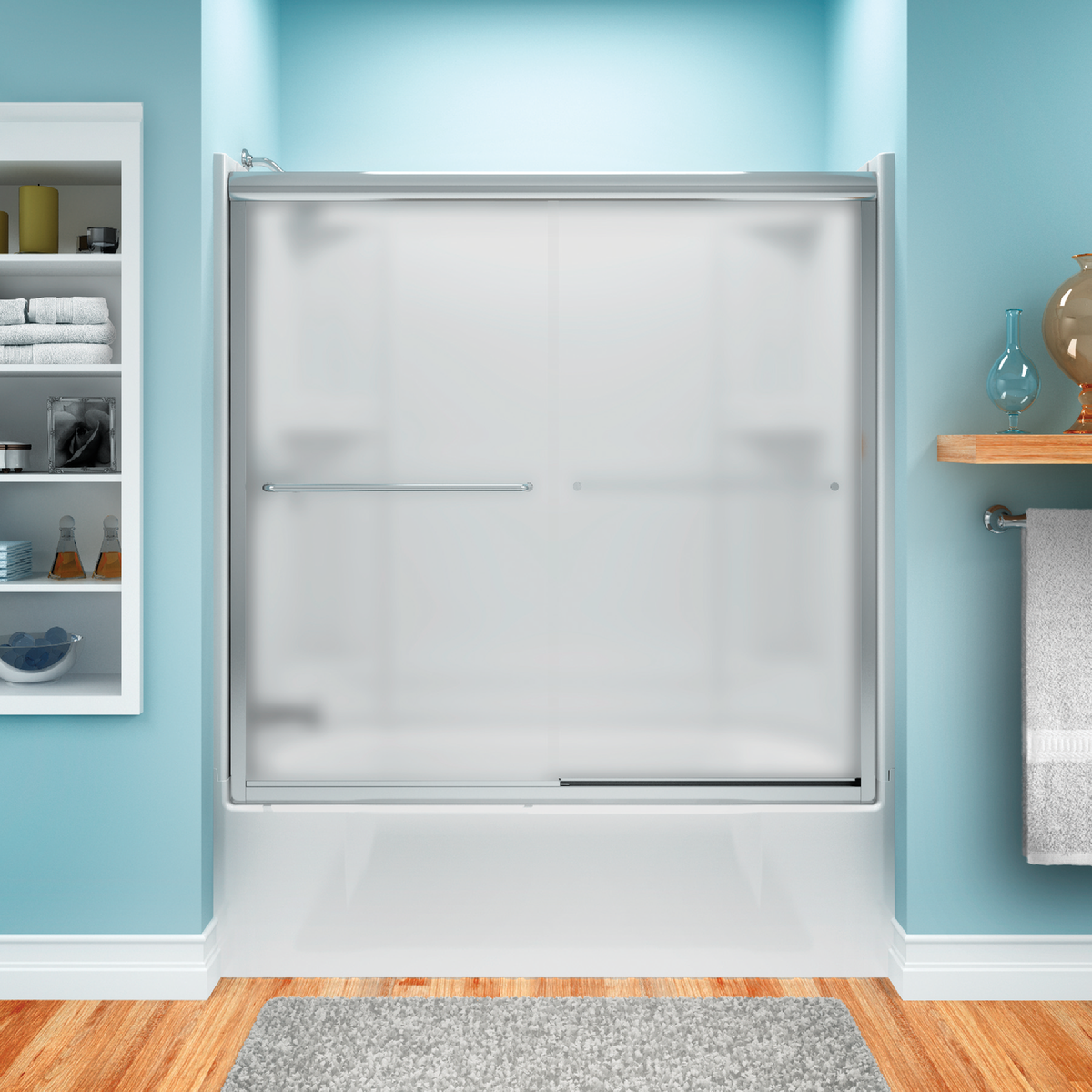 Sterling Finesse 59-5/8 In. W X 55-3/4 In. H Chrome Semi-Frameless Frosted Glass Sliding Tub Door