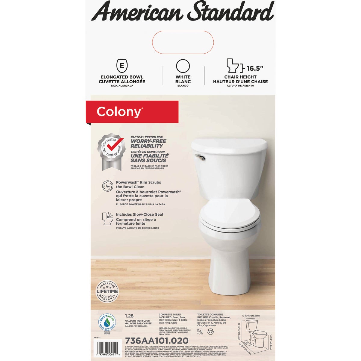 American Standard Colony3 Chair Height White Elongated Bowl 1.28 GPF Toilet-To-Go Image 3