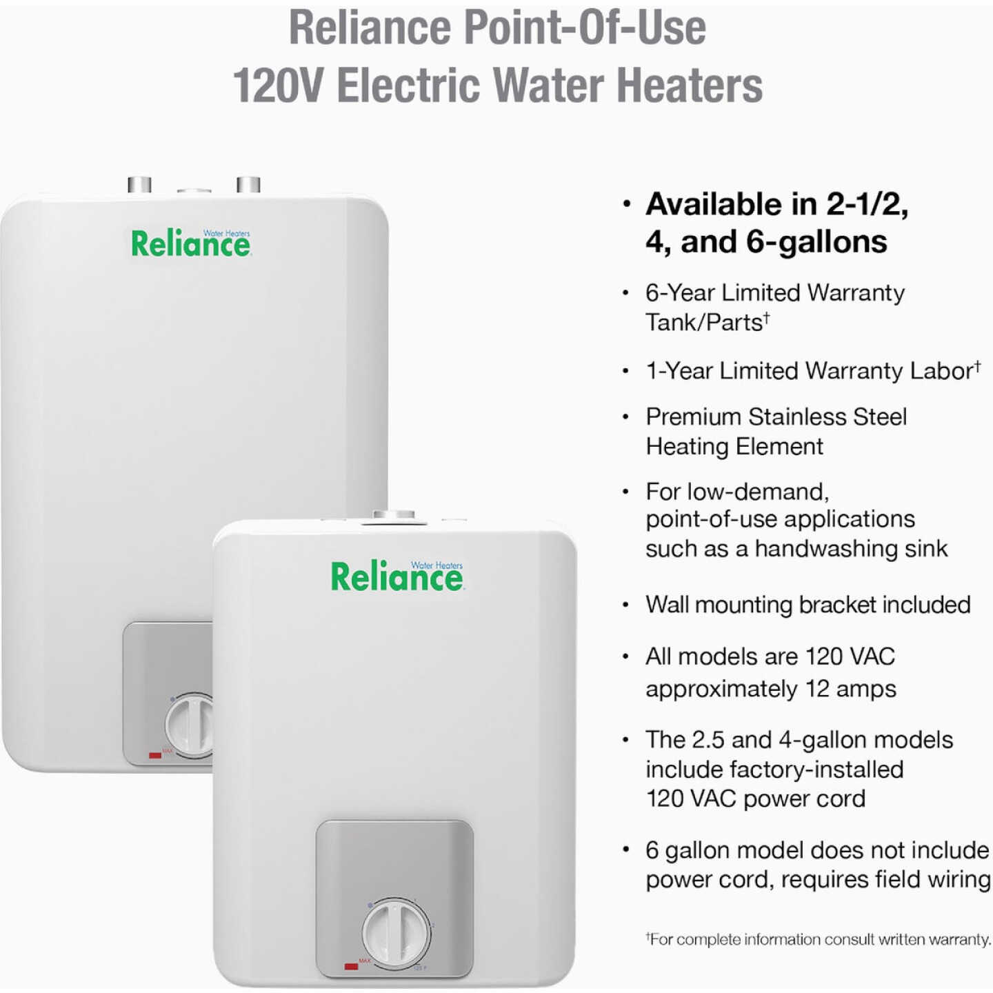 Reliance 2.5 Gal. 6 Year 1440-Watt Element Point-of-Use Electric Water Heater Image 2