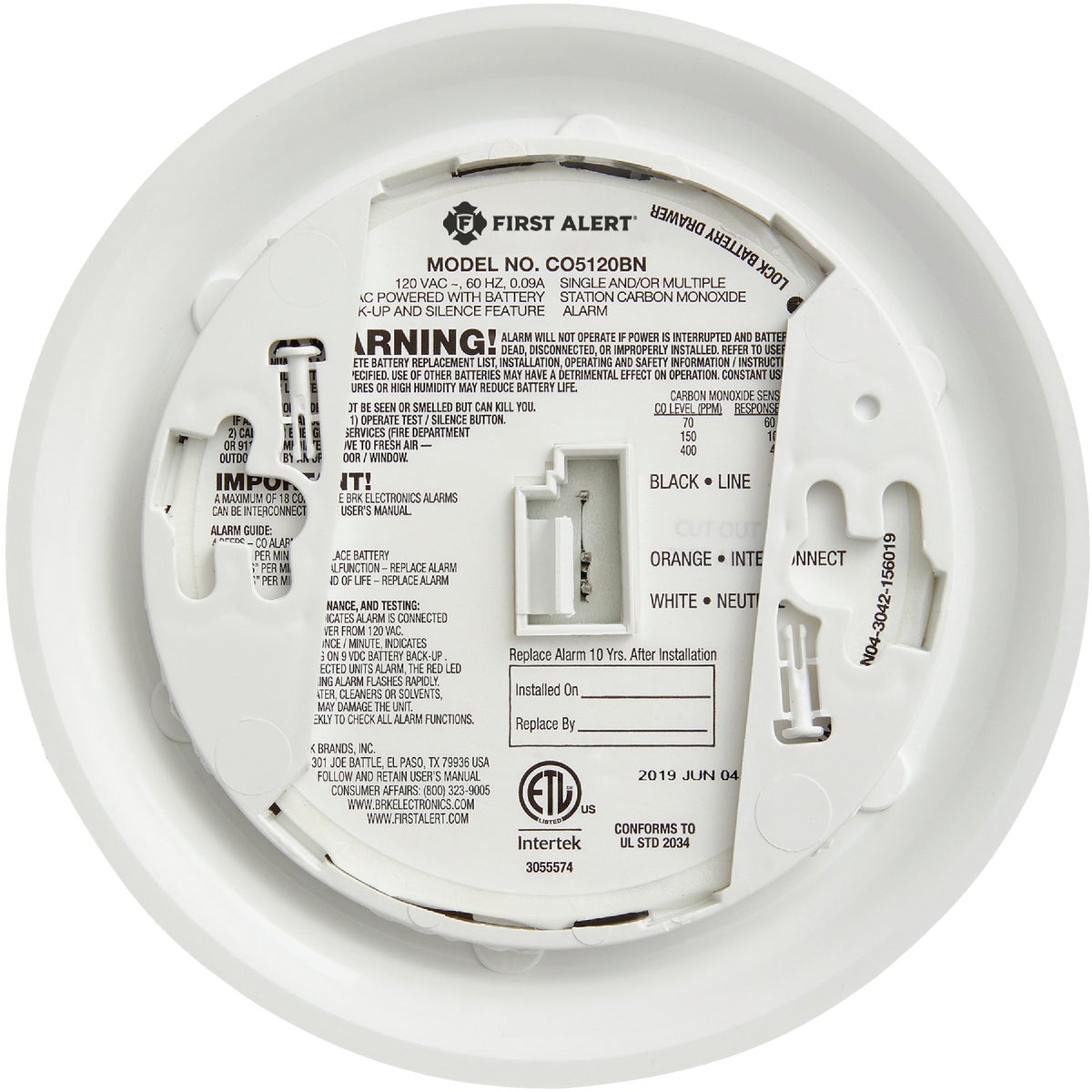 First Alert CO5120BN Hardwired 120V Electrochemical Carbon Monoxide Alarm with Battery Backup Image 4