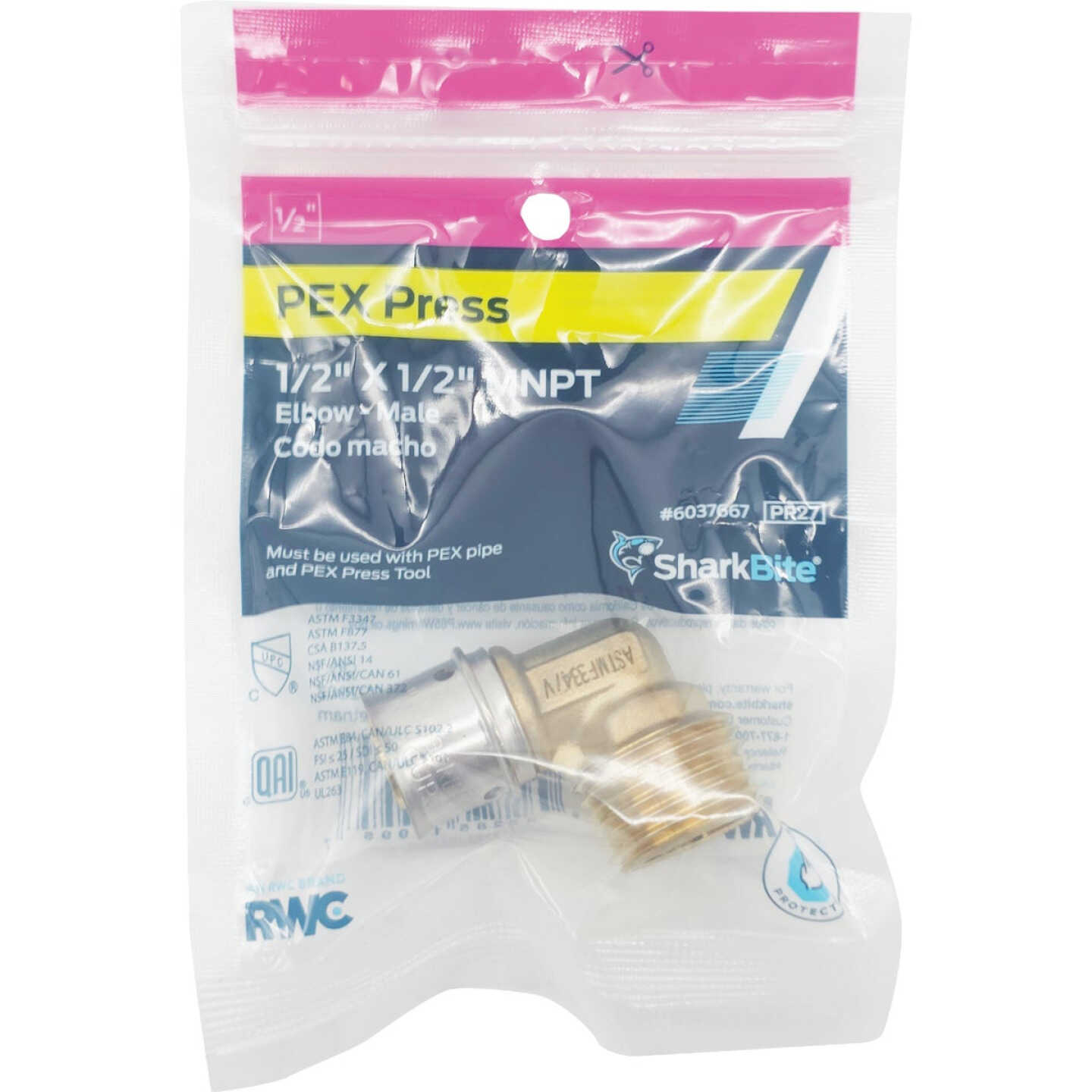 SharkBite 1/2 In. x 1/2 In. MNPT PEX Press Brass Adapter Elbow Image 2
