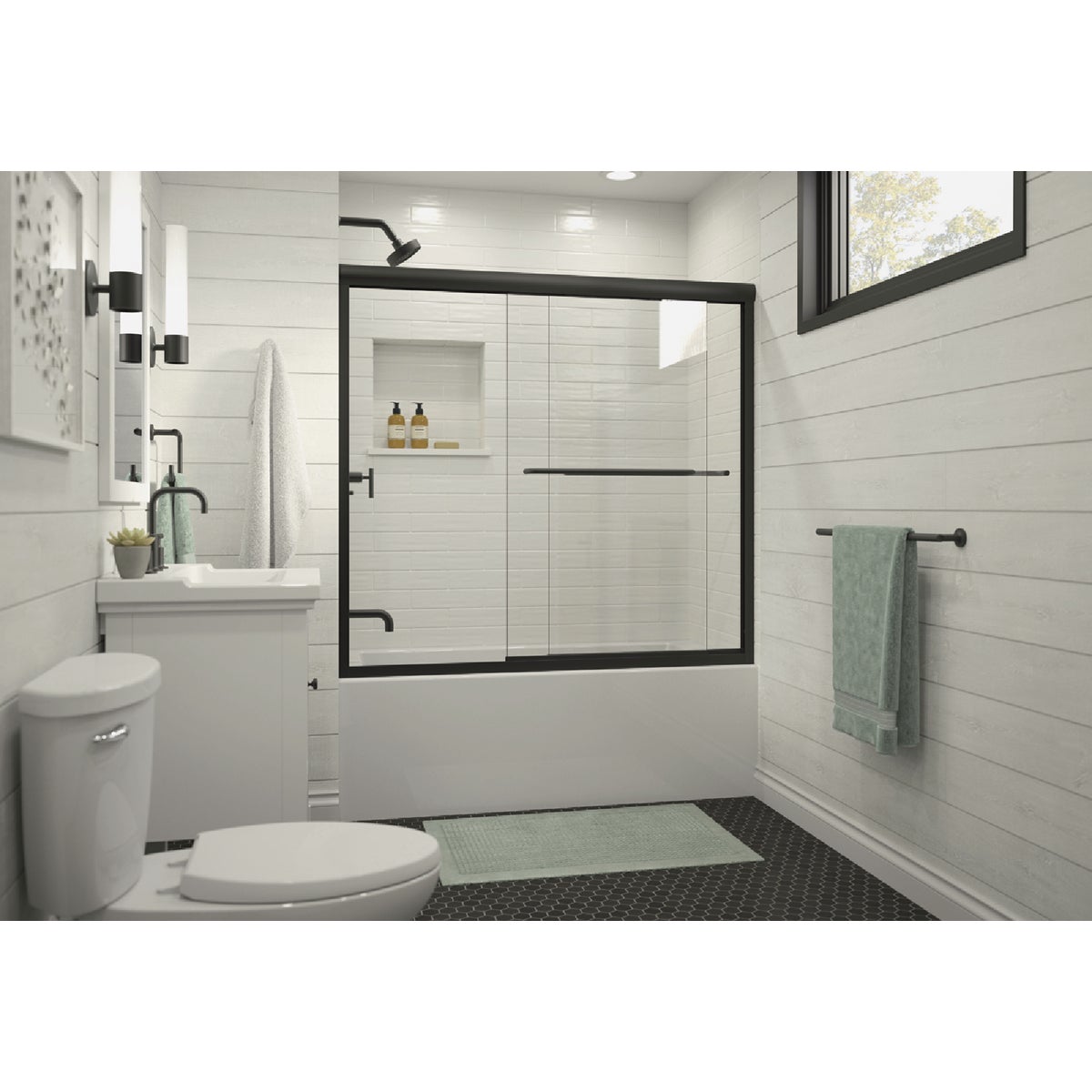 Sterling Finesse 59-5/8 In. W x 55-3/4 In. H Matte Black Frameless Clear Glass Sliding Tub Door