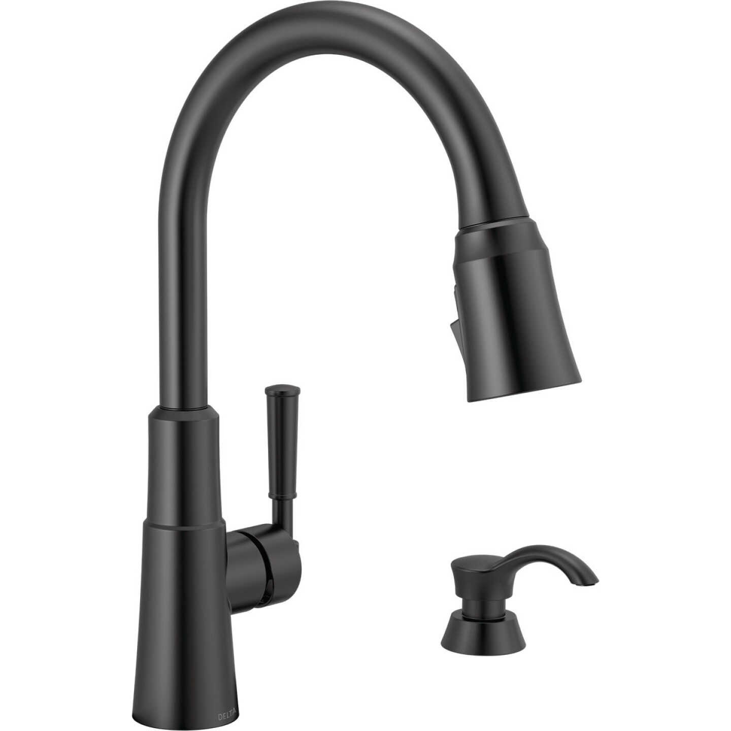 Delta Valo 1-Handle Pull-Down Kitchen Faucet with Soap Dispenser, Matte Black Image 1