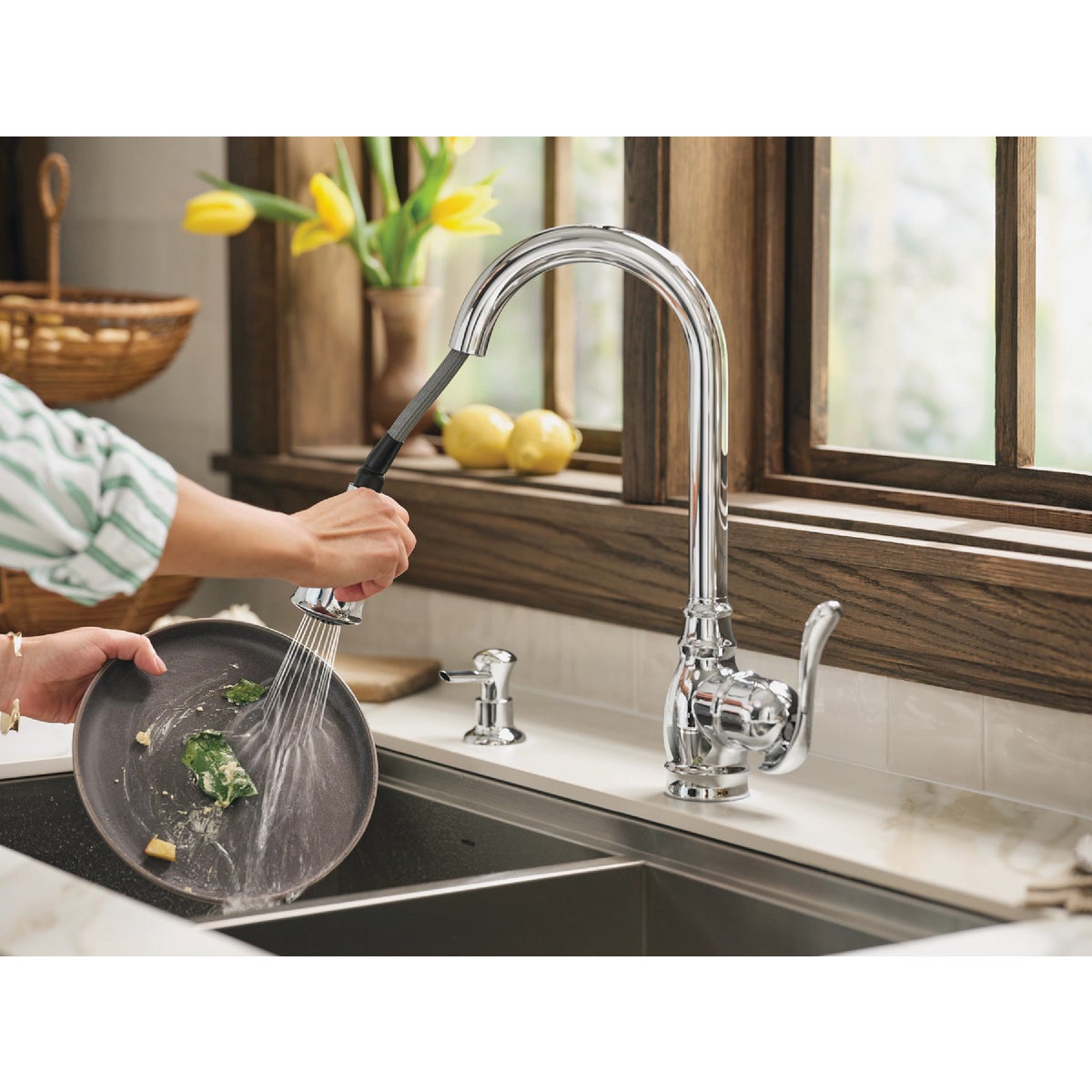 Moen Anabelle 1-Handle Lever Pull-Down Kitchen Faucet with Soap Dispenser, Chrome Image 4