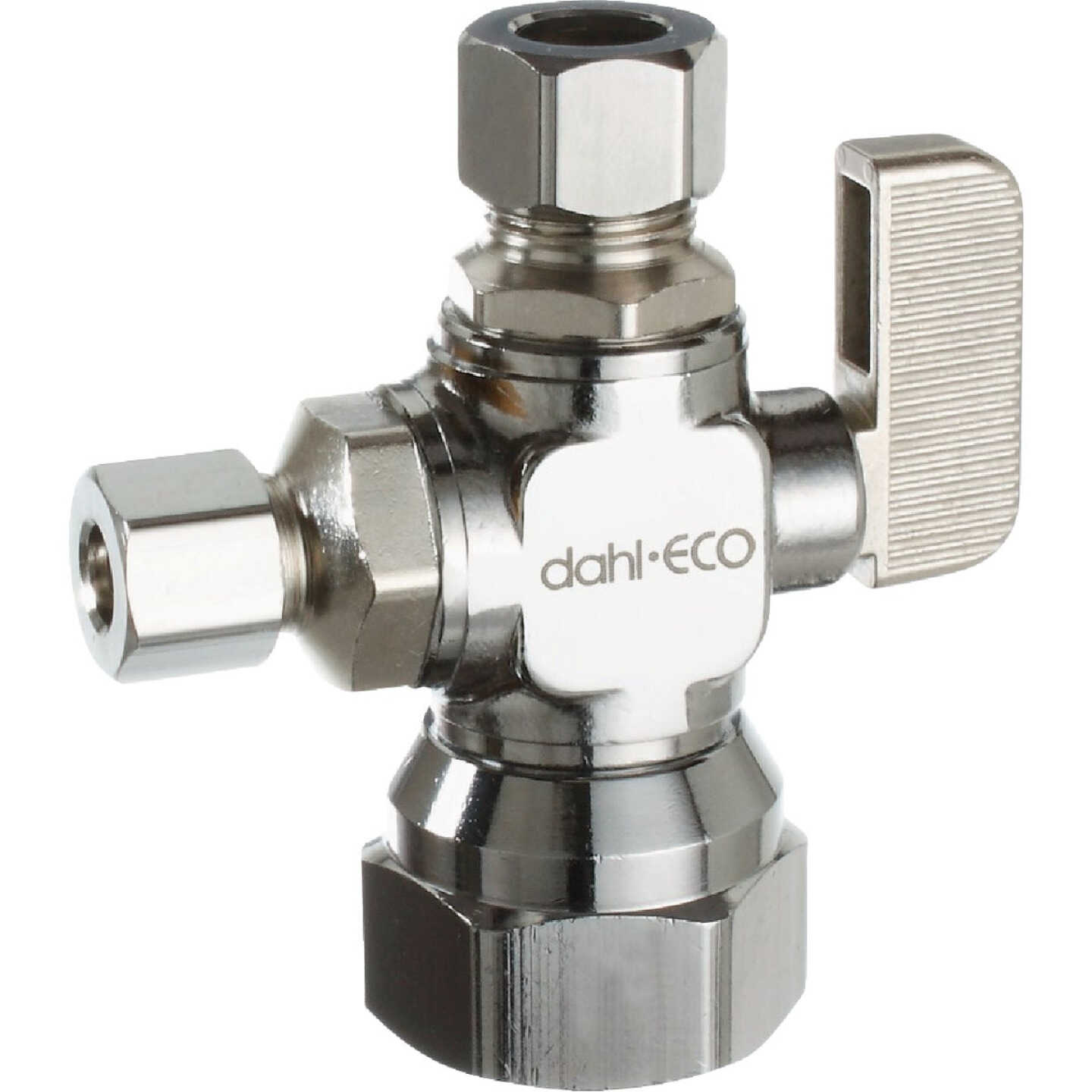 dahl 1/2 In. FIP x 3/8 In. OD Comp x 1/4 In. OD Comp Straight Plated Dual Outlet Supply Stop Image 1
