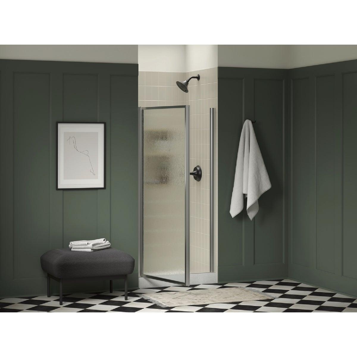 Sterling 32-3/4 In. - 34-1/4 In. W x 65 In. H Silver Standard Rain Textured Glass Pivot Shower Door