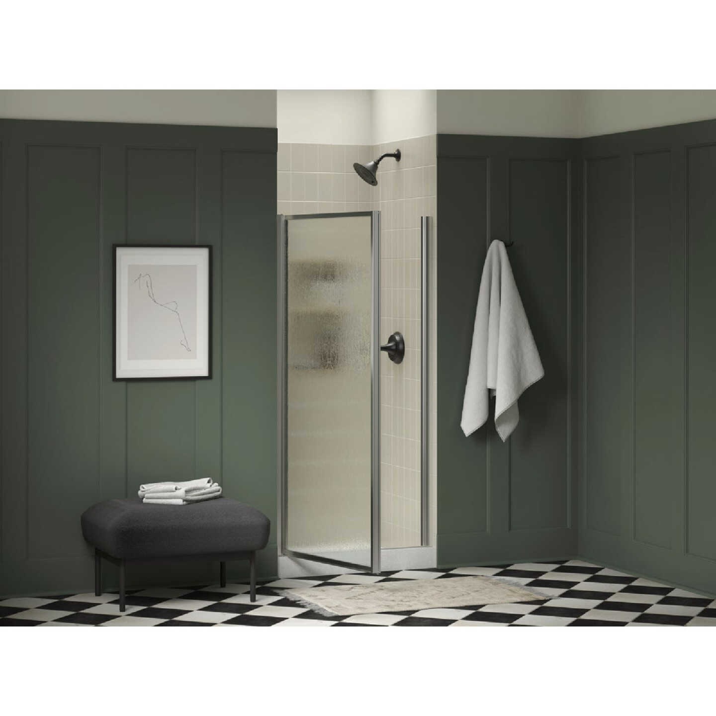 Sterling 32-3/4 In. - 34-1/4 In. W x 65 In. H Silver Standard Rain Textured Glass Pivot Shower Door Image 1
