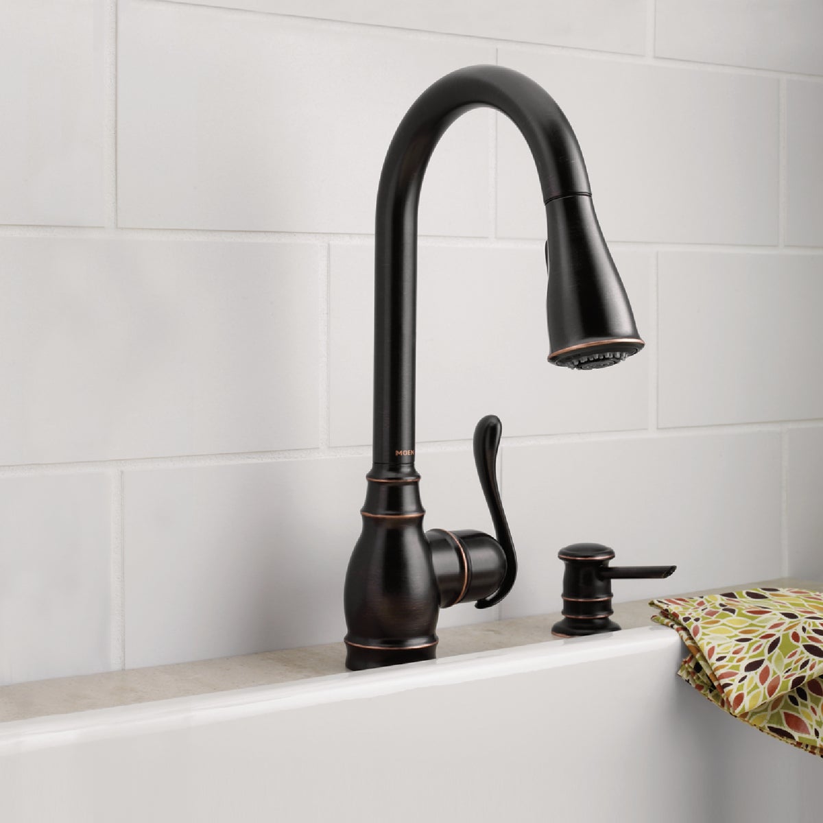 Moen Anabelle 1-Handle Lever Pull-Down Kitchen Faucet with Soap Dispenser, Mediterranean Bronze Image 4