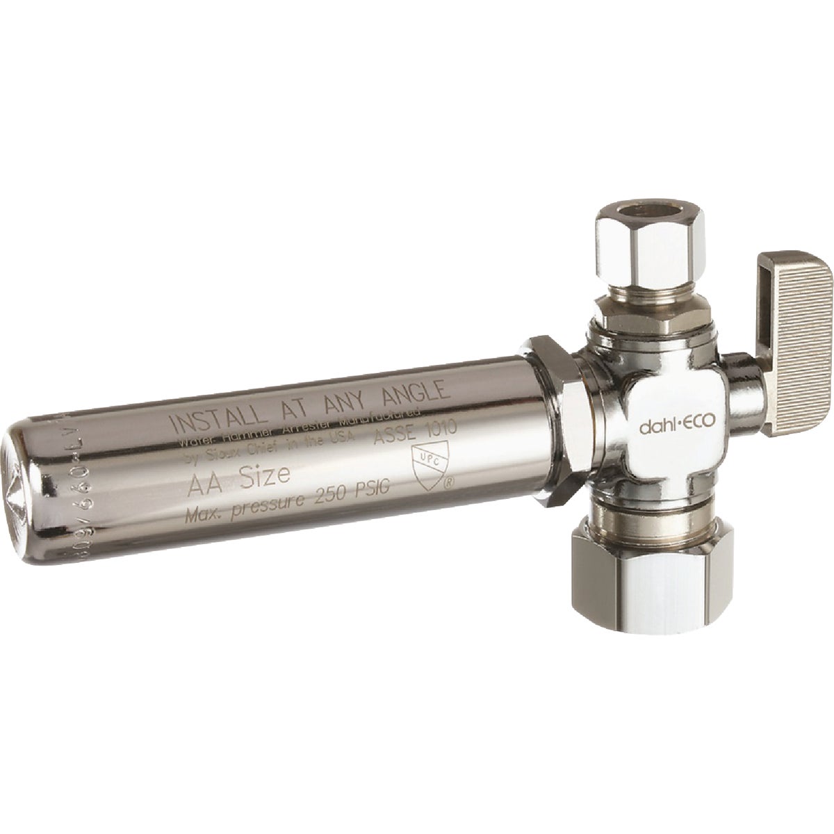 dahl 5/8 In. OD Comp (1/2 In. Nom.) x 3/8 In. OD Comp Straight Plated Supply Stop with Water Hammer Arrestor