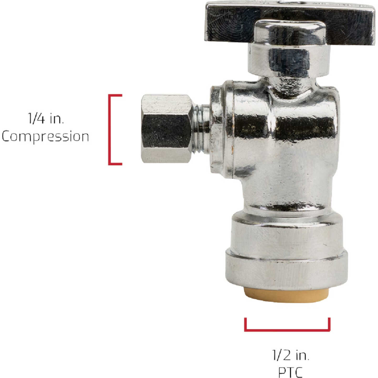 QuickFitting 1/2 In. Push-to-Connect x 1/4 In. O.D. Compression Chrome Plated Brass Quarter-Turn Angle Stop Valve Image 6
