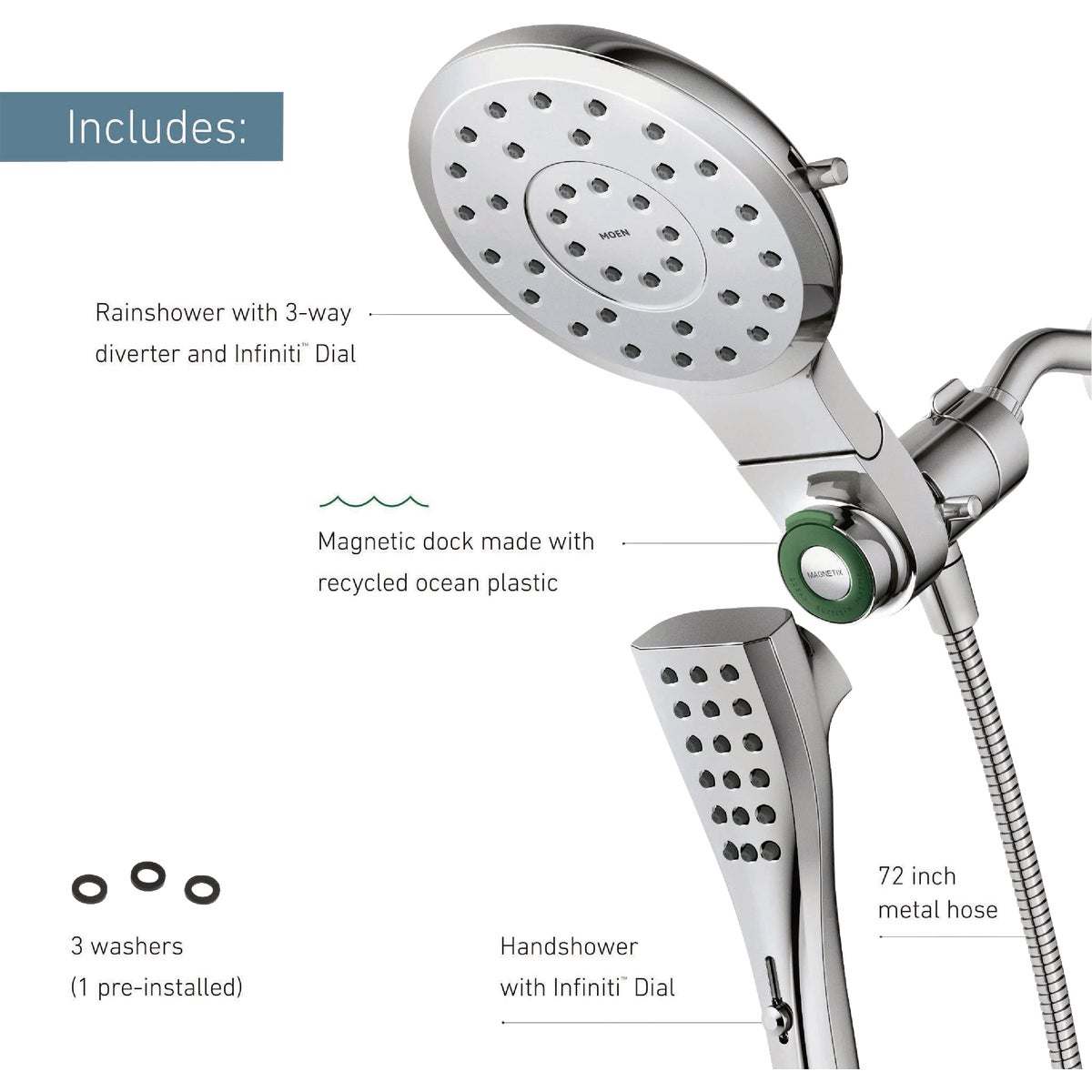 Moen Verso 8-Spray 1.75 GPM Combo Handheld Shower Head with Infiniti Dial, Chrome Image 3