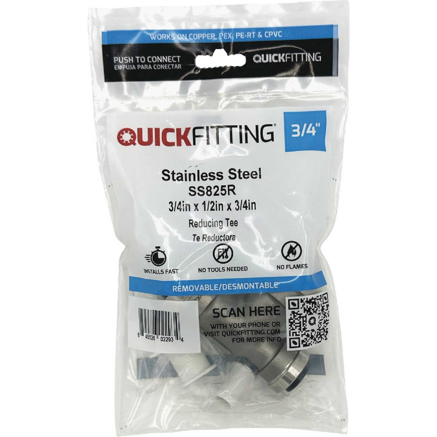 QuickFitting 3/4 In. x 1/2 In. x 3/4 In. Push-to-Connect Stainless Steel Reducing Tee Image 3