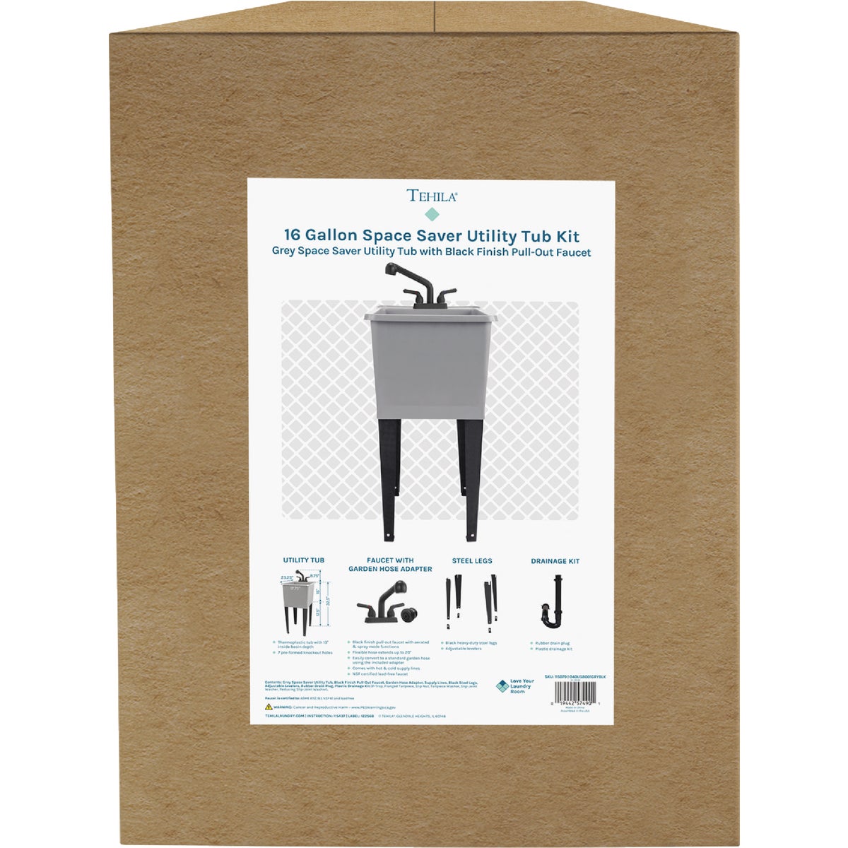 Tehila 16 Gal. Space-Saving Grey Utility Sink Image 3