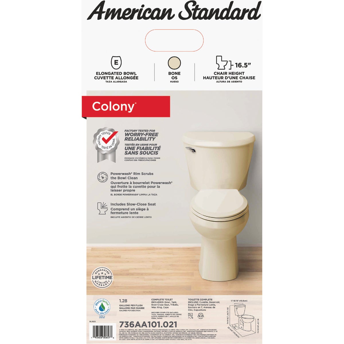 American Standard Colony3 Chair Height Bone Elongated Bowl 1.28 GPF Toilet-To-Go Image 3