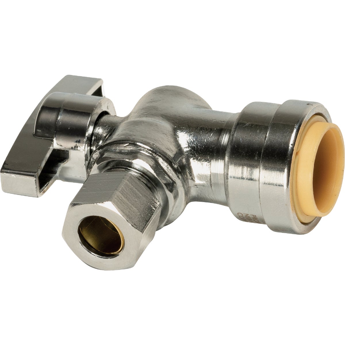 QuickFitting 1/2 In. Push-to-Connect x 3/8 In. O.D. Compression Chrome Plated Brass Quarter-Turn Angle Stop Valve Image 3