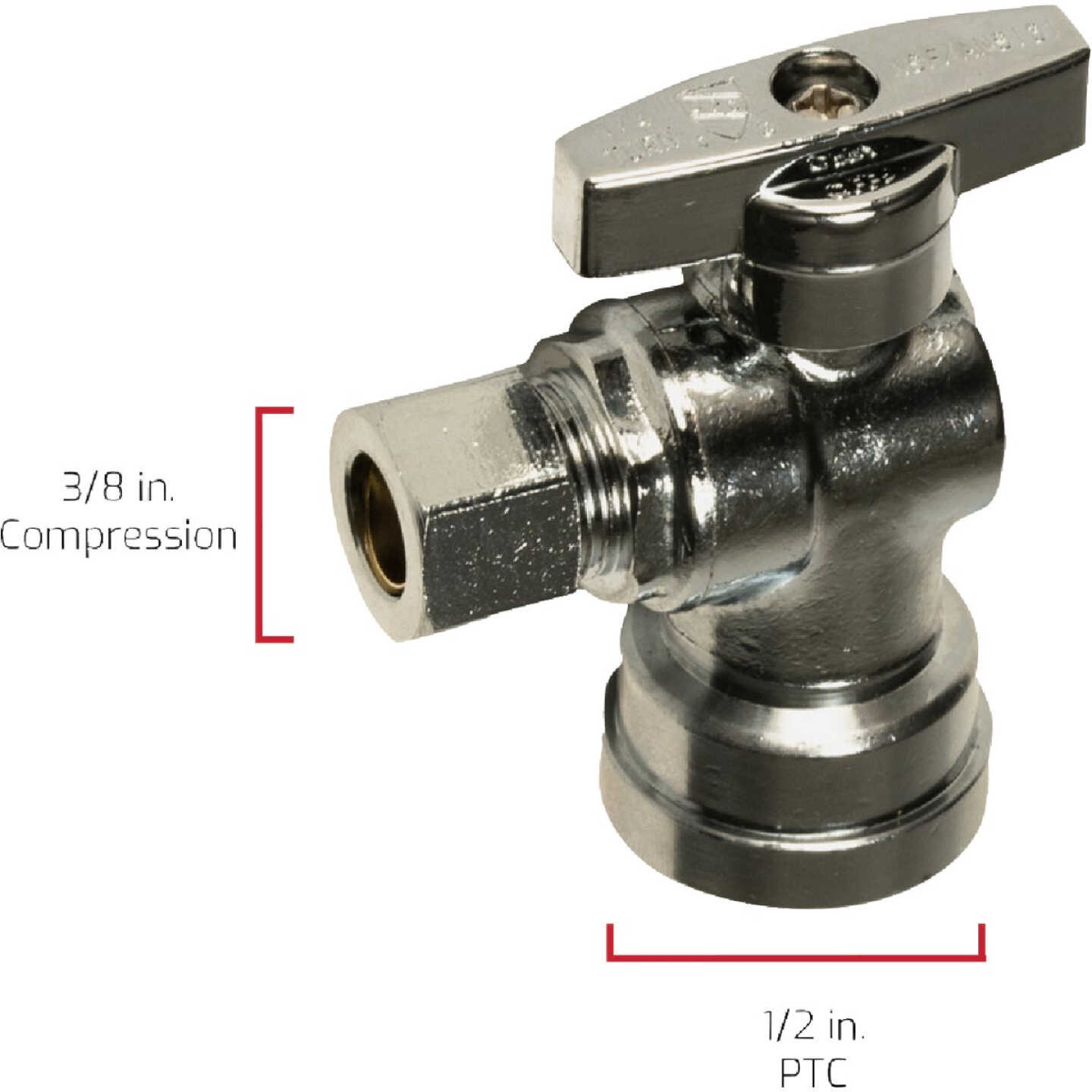 QuickFitting 1/2 In. Push-to-Connect x 3/8 In. O.D. Compression Chrome Plated Brass Quarter-Turn Angle Stop Valve Image 5