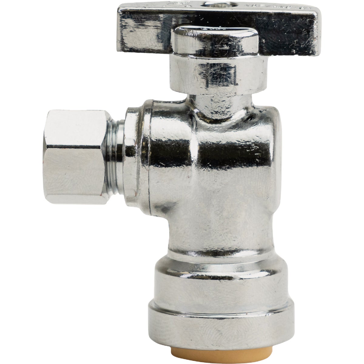 QuickFitting 1/2 In. Push-to-Connect x 3/8 In. O.D. Compression Chrome Plated Brass Quarter-Turn Angle Stop Valve