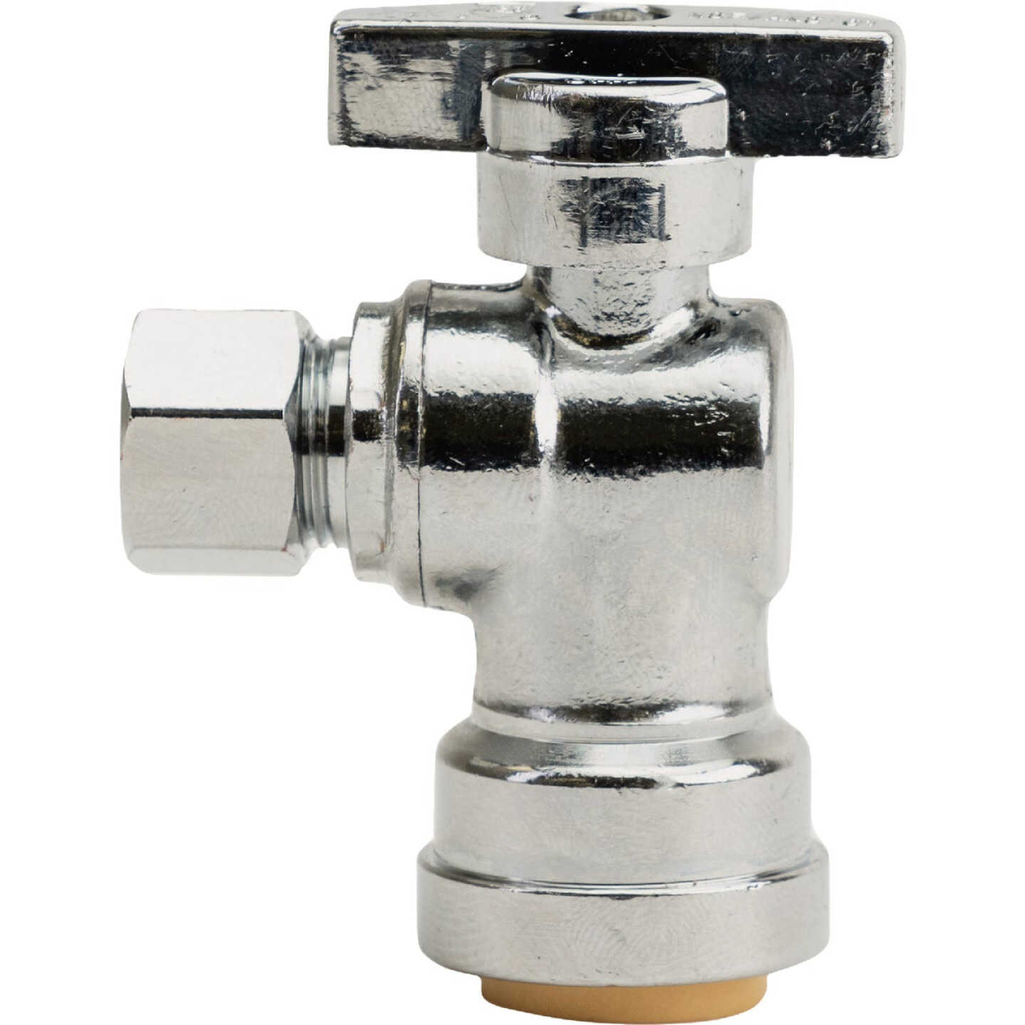 QuickFitting 1/2 In. Push-to-Connect x 3/8 In. O.D. Compression Chrome Plated Brass Quarter-Turn Angle Stop Valve Image 1