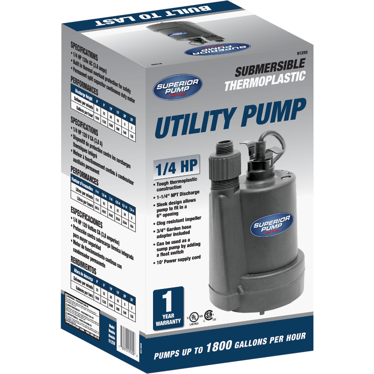 Superior Pump 1/4 HP 1800 GPH Thermoplastic Submersible Utility Pump Image 5
