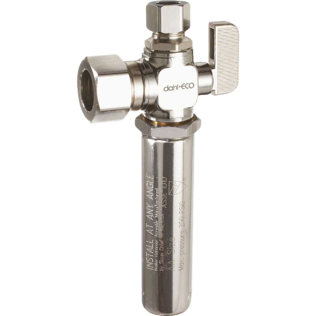 dahl 5/8 In. OD Comp (1/2 In. Nom.) x 3/8 In. OD Comp Angle Plated Supply Stop with Water Hammer Arrestor
