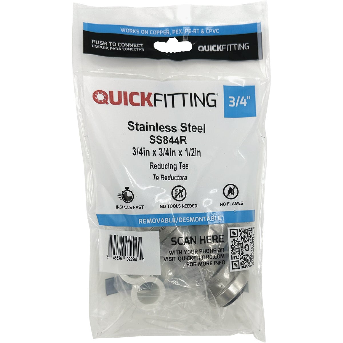QuickFitting 3/4 In. x 3/4 In. x 1/2 In. Push-to-Connect Stainless Steel Reducing Tee Image 3