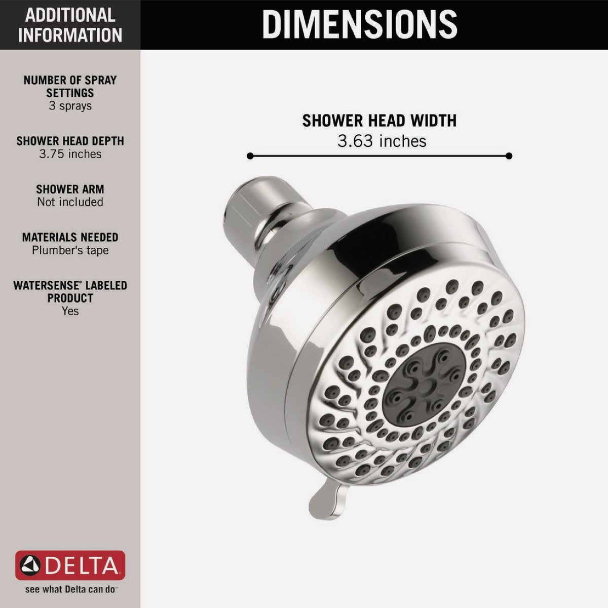 Delta 3-Spray 1.75 GPM Fixed Shower Head, Chrome Image 4