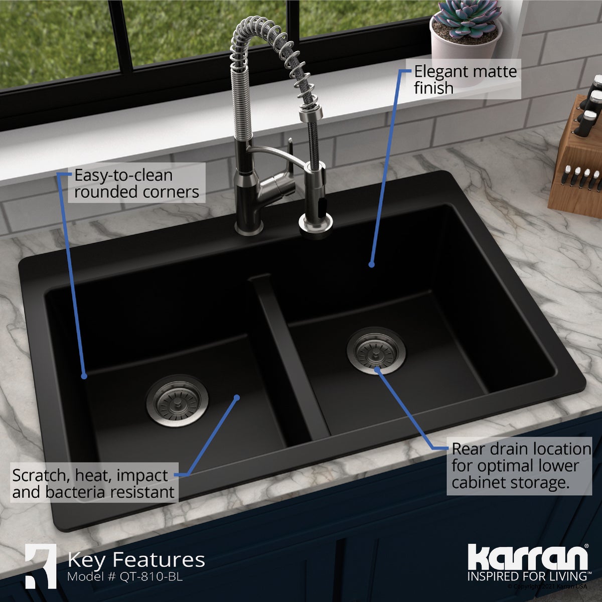 Karran 33 In. x 22 In. Black Quartz Drop-In Double Bowl Kitchen Sink Image 3