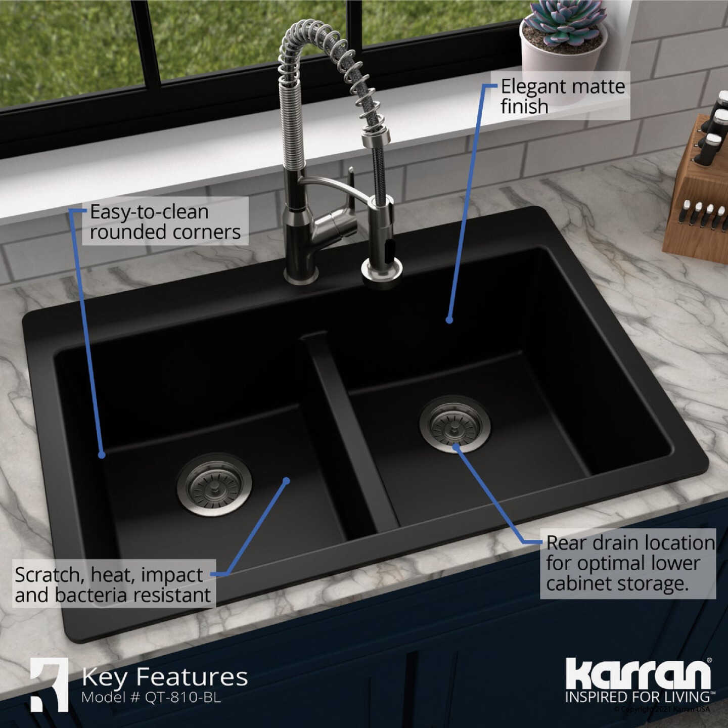 Karran 33 In. x 22 In. Black Quartz Drop-In Double Bowl Kitchen Sink Image 3